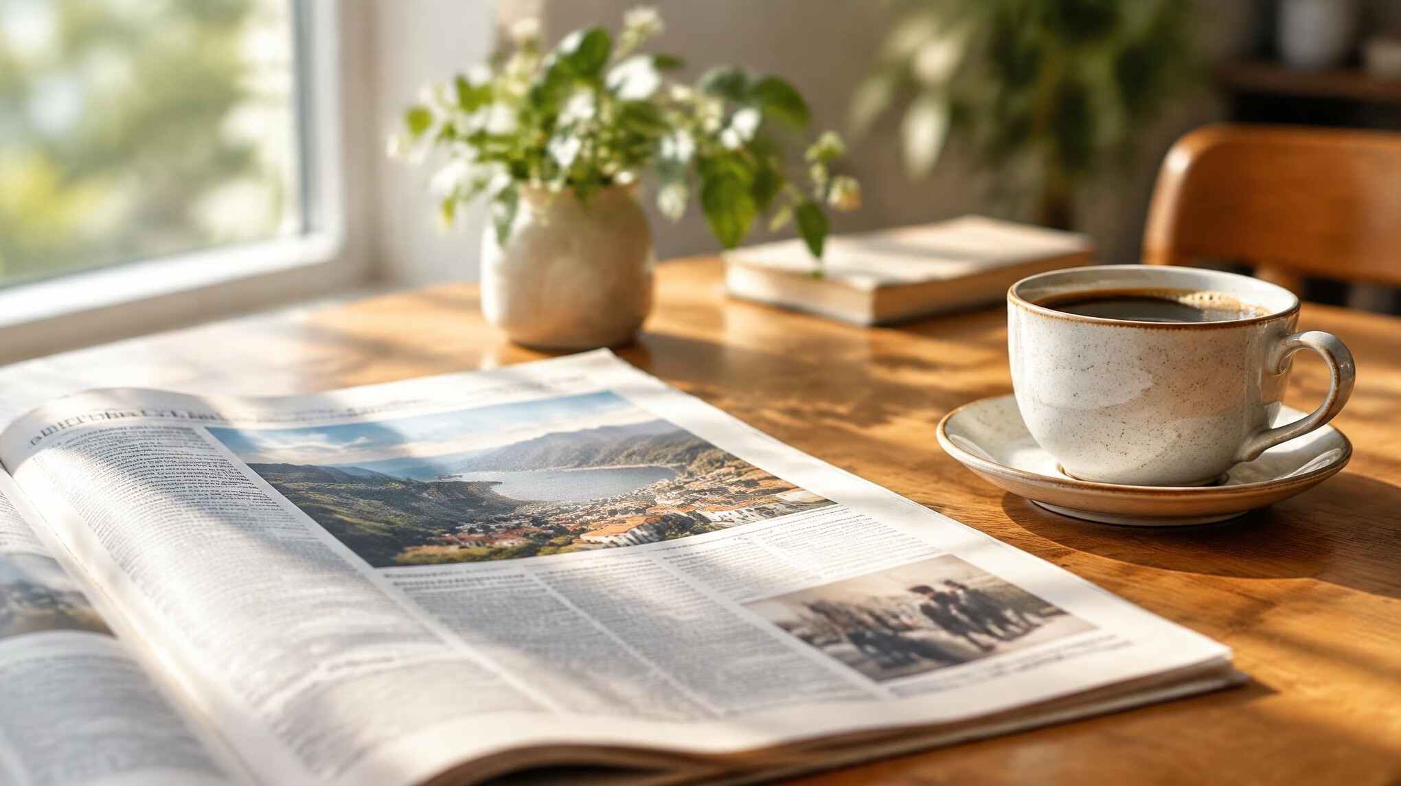 Newspaper and coffee on a wooden table in the morning