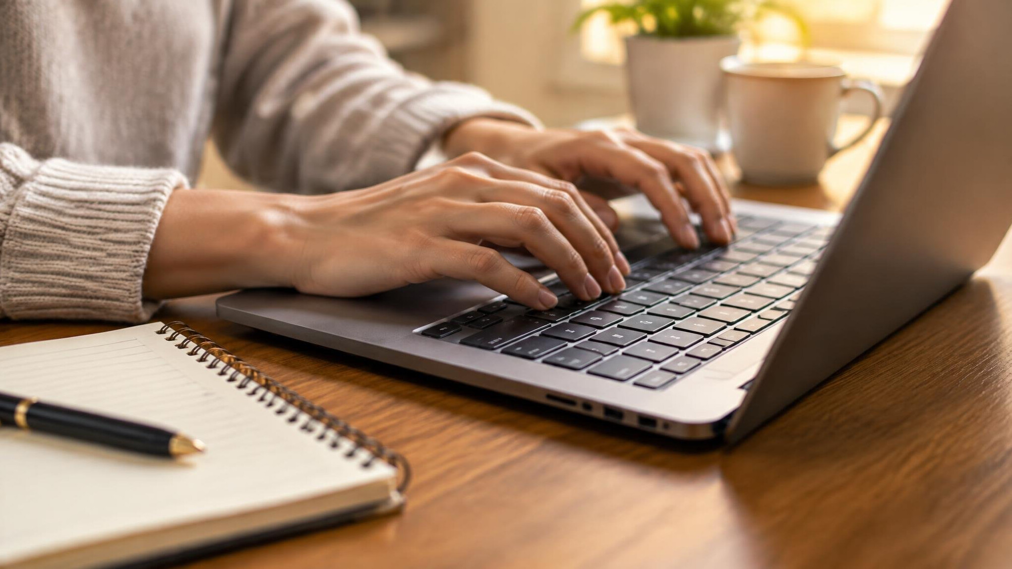 Hands typing on a laptop at a desk